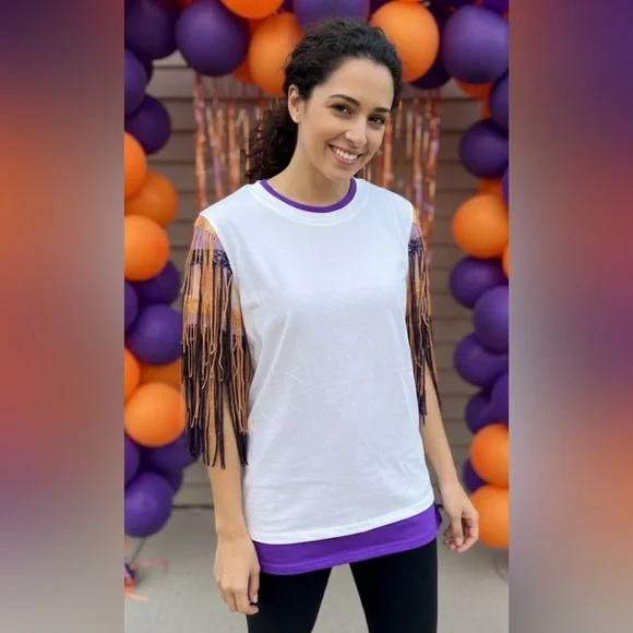 New! QUEEN OF SPARKLES Orange and Purple Sequin Fringe Spirit Tee - Picture 8 of 8
